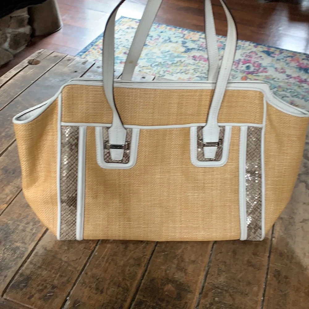 Coach Hamptons Straw Tote Bag White Leather Snakeskin Trim L20740 Tan Summer - Picture 2 of 7